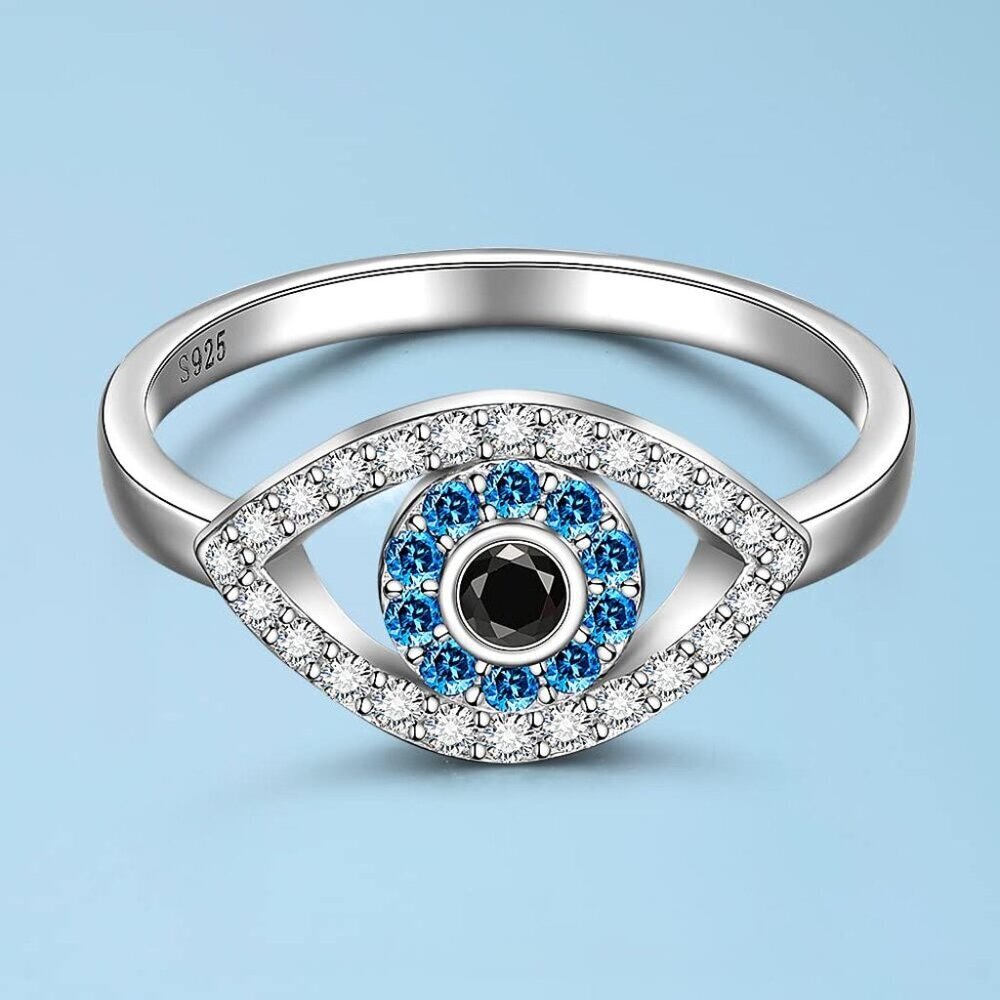Sterling Silver Evil Eye Ring Women Protective Blue Sapphire Jewelry Size 8 - Picture 7 of 8